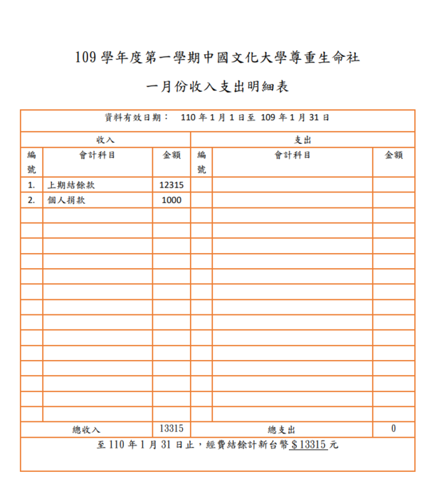一月份收入支出明細表
