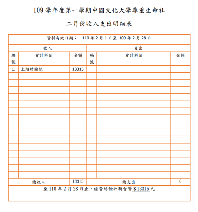 二月份收入支出明細表